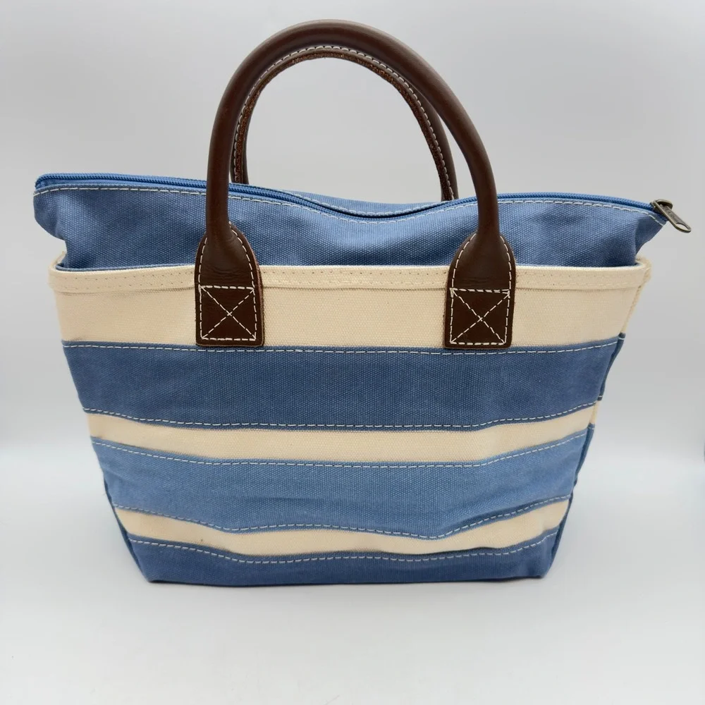 LL Bean Boat and Tote Zip Top Canvas Bag Blue White Stripe Yellow Dog Leather - Picture 2 of 7